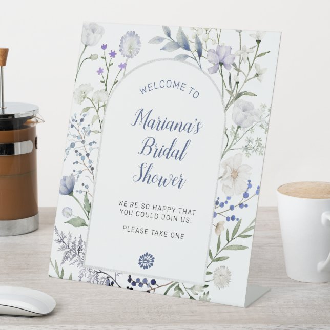Aquarellblaue Wildblume Rahmen Brautparty Sockelschild (In Situ)