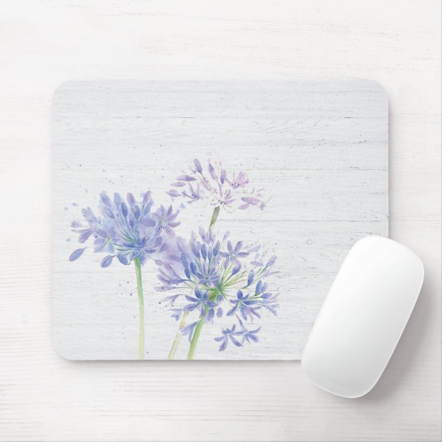 Aquarellblaue Wildblumen auf Holz Mousepad (Mit Mouse)