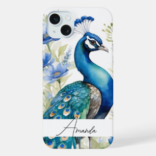 Aquarellblaue Wildblumen Pfau Benutzerdefinierter iPhone 15 Plus Hülle