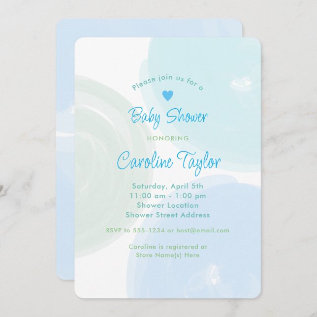 Aquarellblauer Blauer grüner Junge Dusche Einladung (Vorne/Hinten)