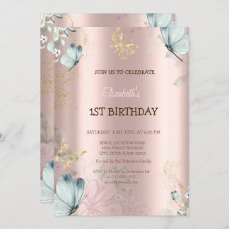 Aquarellblauer Schmetterling Rose Gold Geburtstag Einladung