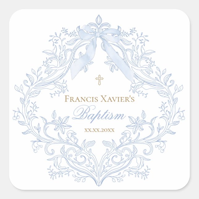 Aquarellblauer Wappen Baby Boy Taufe Quadratischer Aufkleber (Vorderseite)