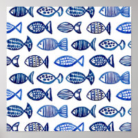 Aquarellblaues Fischmuster drucken. Seemart