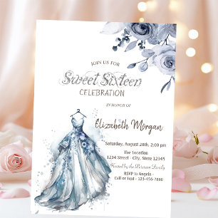Aquarellblaues Kleid Blaue Rosen Sweet 16 Einladung