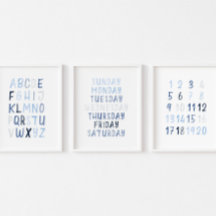 Aquarellblaues pädagogisches Set von 3 Kunstdrucke