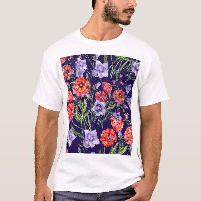 Aquarellblauglockenblumen-Mohn-Array T-Shirt (Vorderseite)