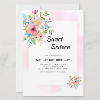 Aquarellblume 16 . Geburtstag mit rosa Rahmen Einladung