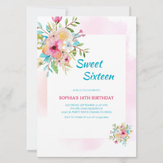 Aquarellblume 16 . Geburtstag mit rosa Rahmen Einladung
