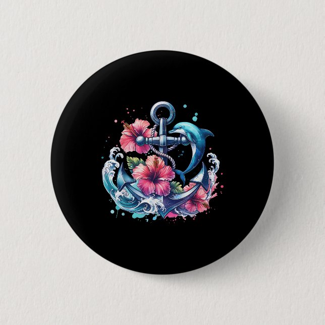 Aquarellblume Anker Dolphin Nautic Sea Anim Button (Vorderseite)