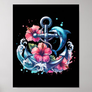 Aquarellblume Anker Dolphin Nautic Sea Anim Poster