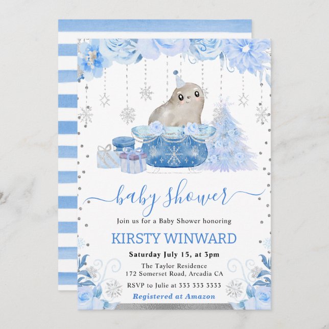Aquarellblume Arktis Siegel Babydusche Einladung (Vorne/Hinten)