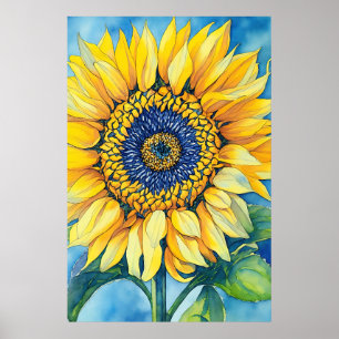 Aquarellblume auf einem blauen Hintergrund Poster