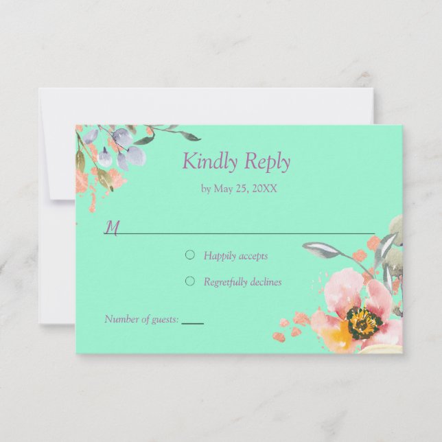 Aquarellblume auf Neo Minze mit Rose Gold RSVP Karte (Vorderseite)