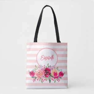 Aquarellblume auf rosa Streifen Monogramm Tasche B