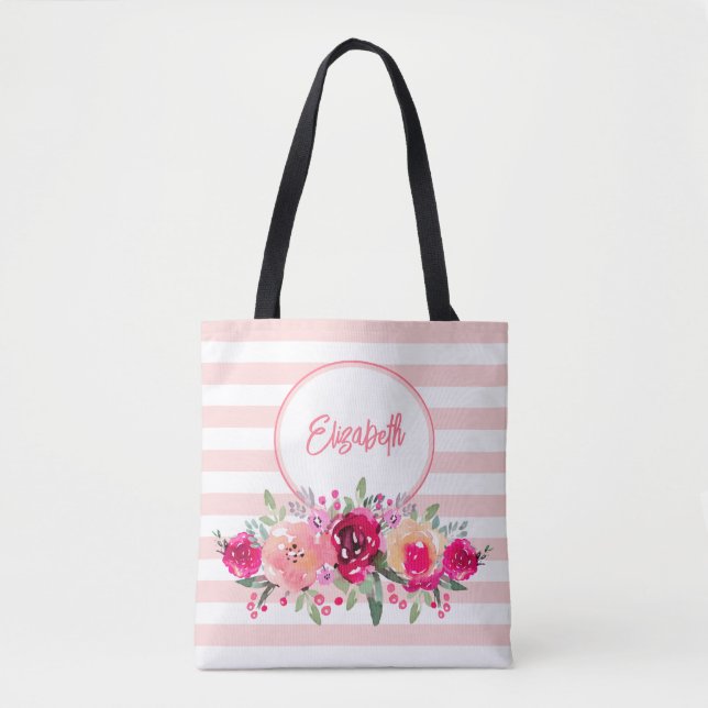 Aquarellblume auf rosa Streifen Monogramm Tasche B (Vorderseite)