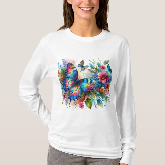 Aquarellblume Blütenblume Blume Blau Rosa T-Shirt (Vorderseite)