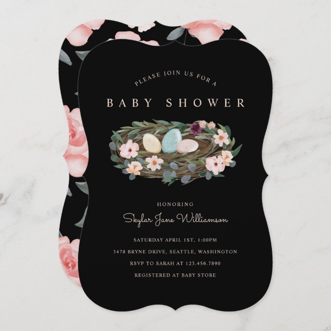 Aquarellblume Bohemisch Bird's Nest Baby Shower Einladung (Vorne/Hinten)