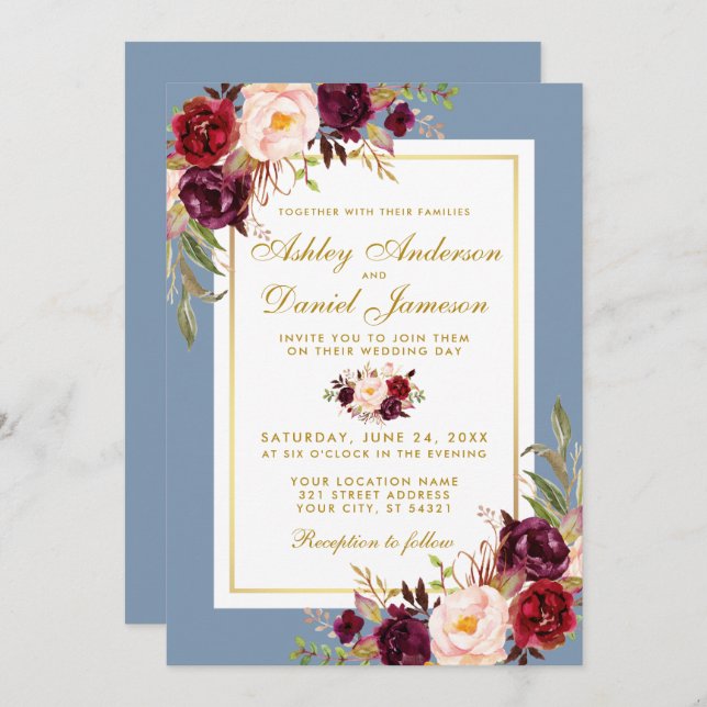 Aquarellblume Burgundy Dusty Blue Gold Wedding Einladung (Vorne/Hinten)