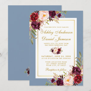 Aquarellblume Burgundy Dusty Blue Gold Wedding Einladung