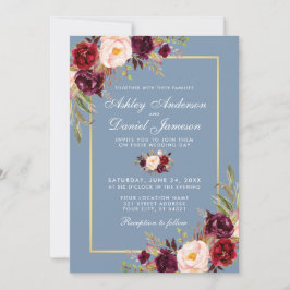 Aquarellblume Burgundy Dusty Blue Wedding Einladung
