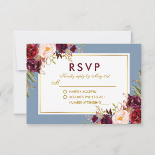 Aquarellblume Burgundy Dusty Blue Wedding RSVP Karte