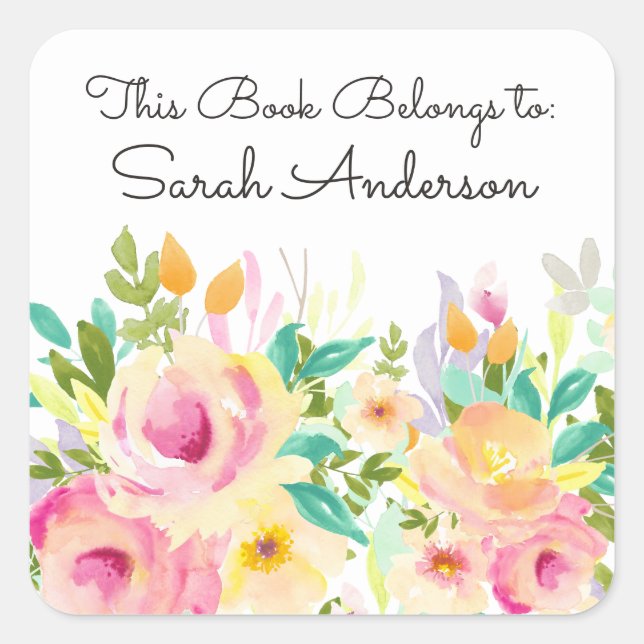 Aquarellblume Dieses Buch gehört Quadratischer Aufkleber (Vorderseite)