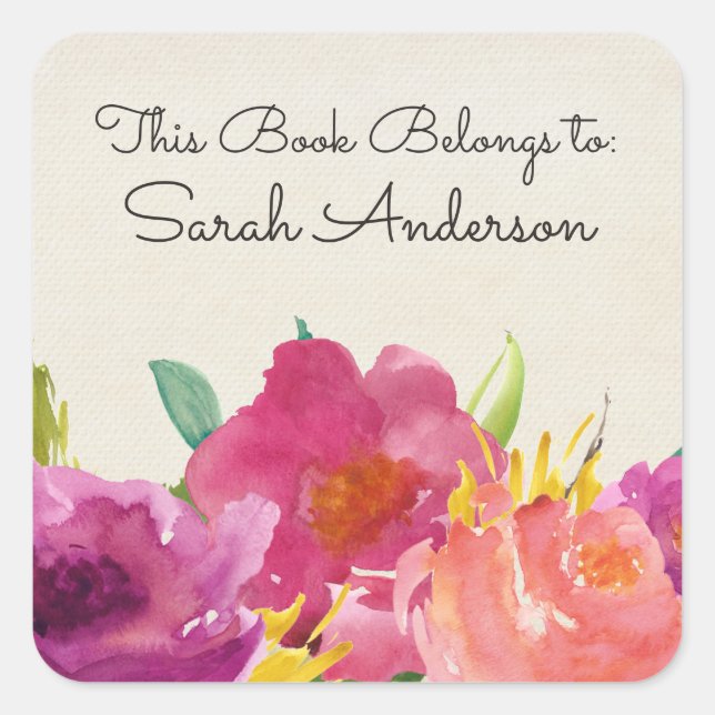 Aquarellblume Dieses Buch gehört Quadratischer Aufkleber (Vorderseite)