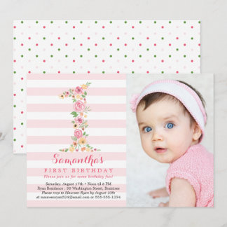 Aquarellblume Eins Geburtstag mit Foto Einladung