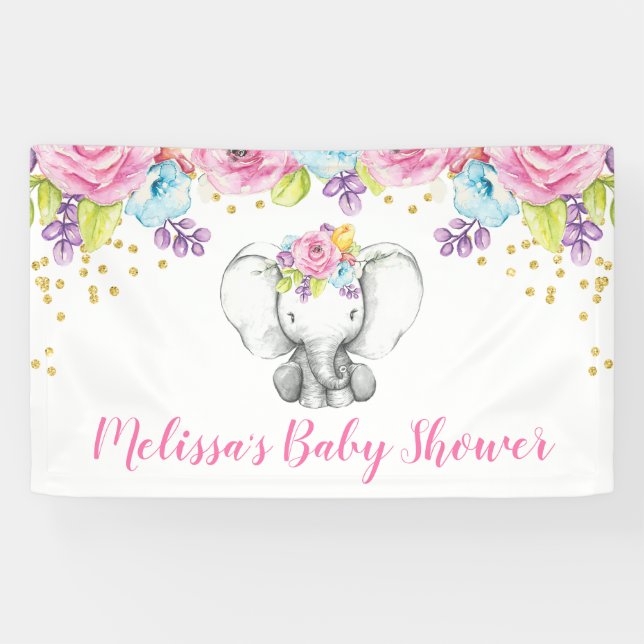 Aquarellblume Elefant Babydusche Banner (Horizontal)
