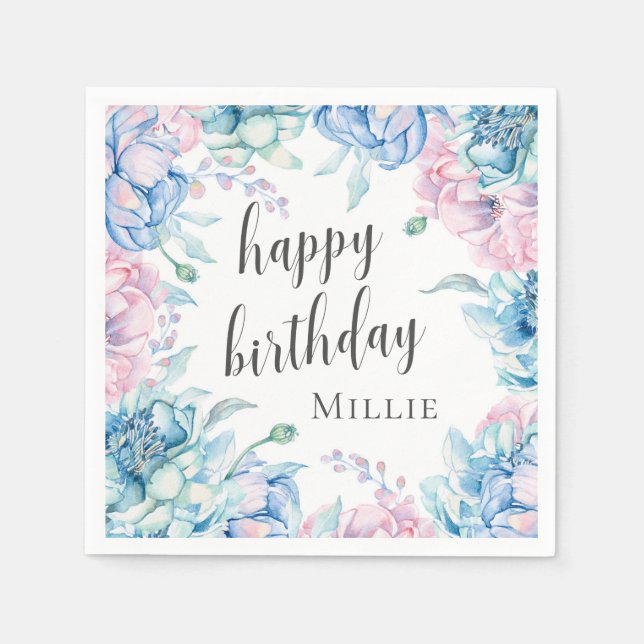 Aquarellblume Elegantes Bauernhaus Happy Birthday Serviette (Vorderseite)