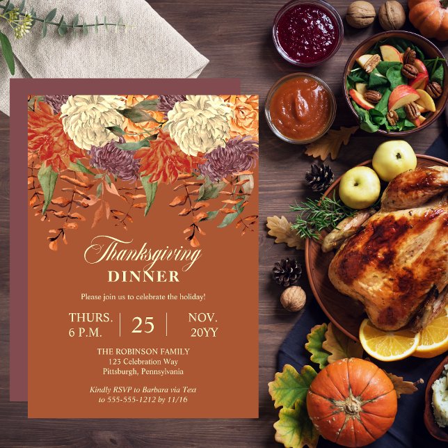 Aquarellblume | Eukalyptus Erntedank Abendessen Einladung (Watercolor Floral Eucalyptus Terracotta Thanksgiving Dinner Invitation with  Dusky Mauve Back)
