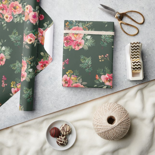 Aquarellblume | Grüne Weihnachtszeit Geschenkpapier (Kunsthandwerk)