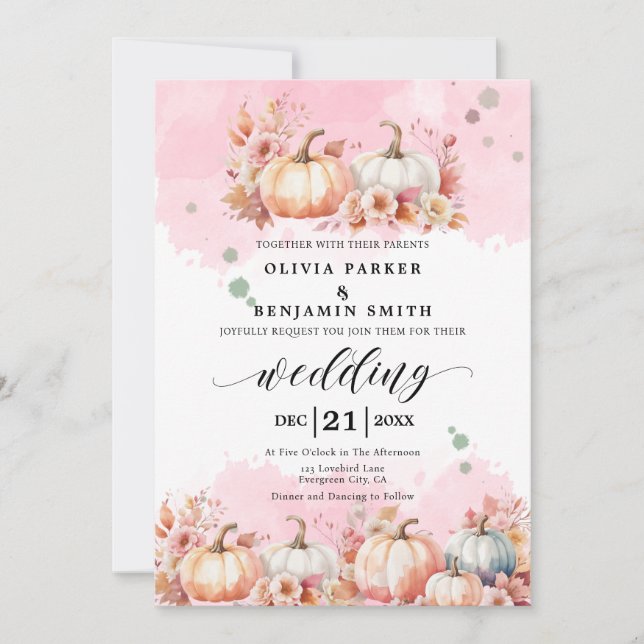 Aquarellblume Herbst Pink Pumpkin Hochzeit im Herb Einladung (Vorderseite)