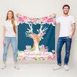 Aquarellblume Hirsche mit Antlern, Marine und Rosa Fleecedecke