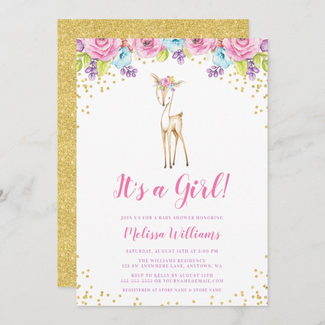 Aquarellblume Hirschmädchen Einladung zur Kinderdu (Vorne/Hinten)