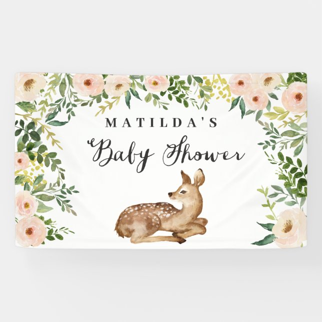 Aquarellblume Hirschwald Babydusche Party Banner (Horizontal)