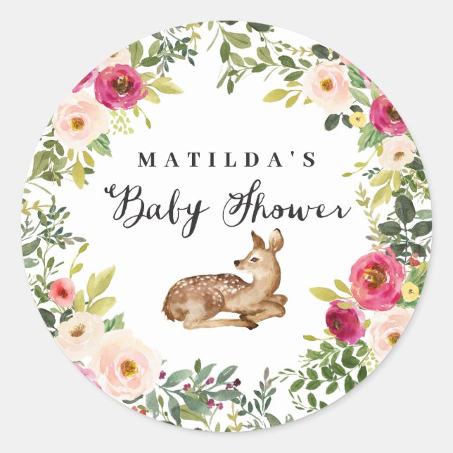 Aquarellblume Hirschwald Babydusche Party Runder Aufkleber (Vorderseite)