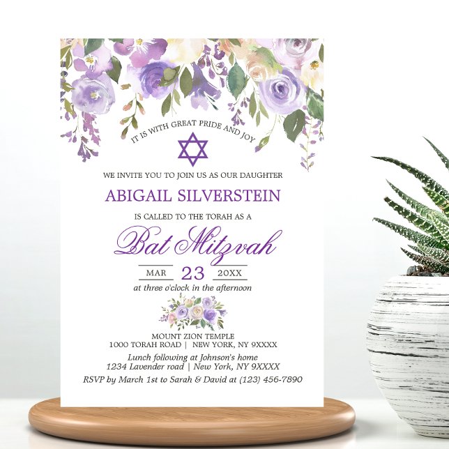 Aquarellblume Lavendel Lila Star Bat Mitzvah Einladung (Watercolor Floral Lavender Purple Star Bat Mitzvah Invitation)