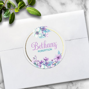 Aquarellblume mit Goldfolie Akzent Personalisiert Runder Aufkleber