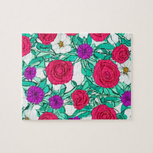 Aquarellblume mit rosa Rosen Puzzle