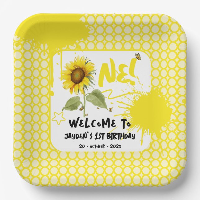 Aquarellblume mit Schmetterlingen 1. Geburtstag Pappteller (Vorderseite)