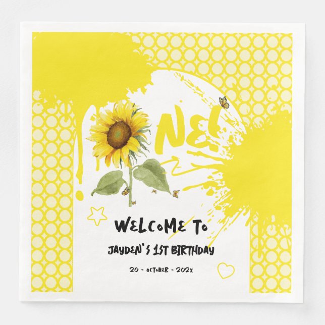 Aquarellblume mit Schmetterlingen 1. Geburtstag Serviette (Vorderseite)