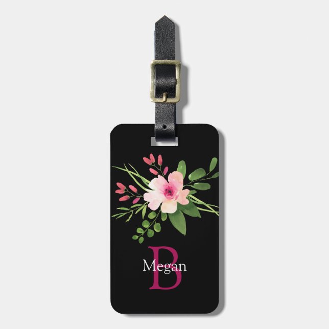Aquarellblume, Name & Monogramm, Info Gepäckanhänger (Vorderseite vertikal)