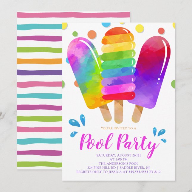 Aquarellblume Popsicles Pool Party Einladung (Vorne/Hinten)