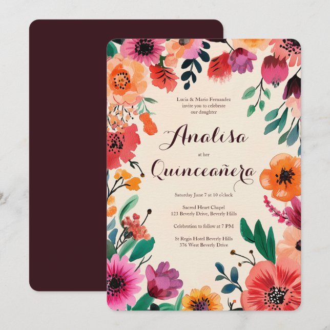 Aquarellblume Quinceñera CUSTOM Einladung (Vorne/Hinten)