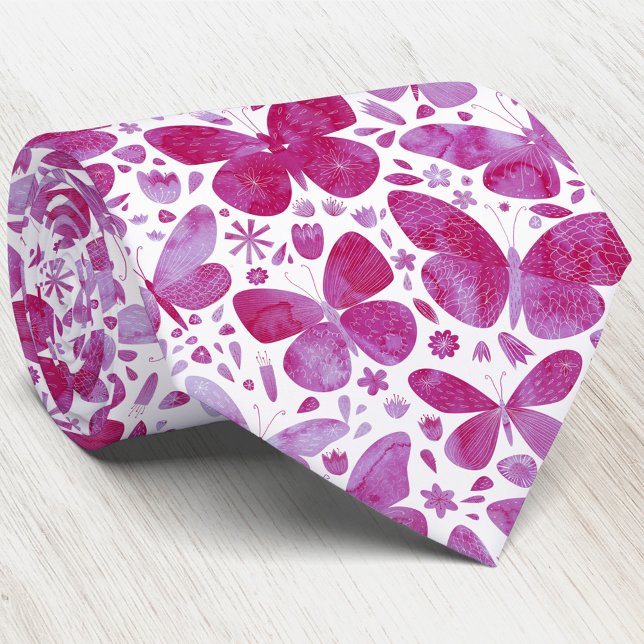 Aquarellblume Rosa Krawatte (Watercolor butterfly hot pink and white neck tie)