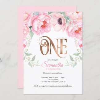 Aquarellblume, Rose gold, Mädchen, erster Geburtst Einladung