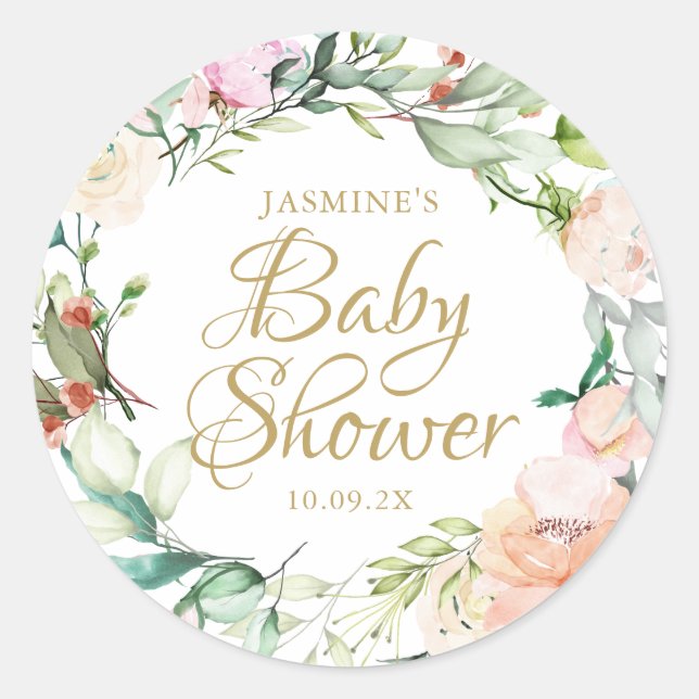 Aquarellblume Rose Gold Script Baby Dusche Runder Aufkleber (Vorderseite)