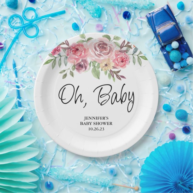Aquarellblume Rose Oh Baby | Babydusche Pappteller (Party)