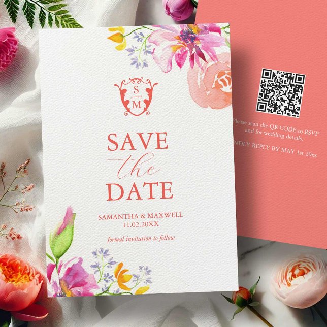 Aquarellblume Save the Date (Bold Floral Blooms watercolor save the date cards art by Victoria Grigaliunas Do Tell A Belle)